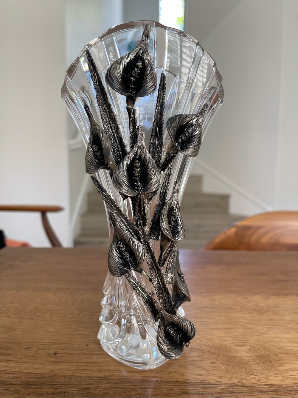 Elegant Clear Glass Vase with Black gray metal Floral Accents